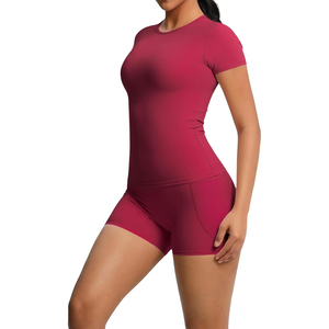 Ensemble de yoga à col rond, manches courtes, taille haute, couleur unie, avec poches, respirant, en spandex et polyester, sans couture, 2 pièces - Product Image 1