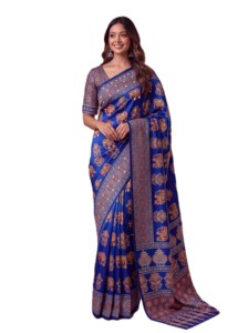 Sari Tradicional Indio de Seda con Estampado Digital Ajrak, Diseño de Elefantes Azules, para Bodas, Largo hasta el Suelo, Corte Regular para Mujer - Product Image 5