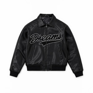 Veste en simili cuir noir pour homme, col rabattu, fermeture éclair, coupe classique, design avec patch imprimé lettres - Product Image 1
