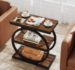 3 Tier Narrow Wooden End <b>Table</b> with Black Round Metal Frame Rustic Wood <b>Side</b> <b>Table</b> with Storage Shelves for Living Room <b>Bedroom</b> - Product Image 2