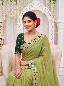 AARA Fashion Saree en soie vert brodé avec chemisier, protection solaire, tenue de mariage, sari indien traditionnel pour femme, longueur au sol - Product Image 4