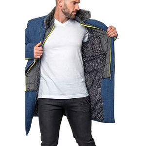 Manteau bleu en mélange de laine pour homme, col à revers cranté, simple boutonnage, longueur genou, avec col en fausse fourrure et fermetures éclair jaunes - Product Image 6