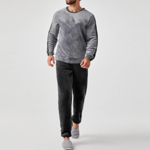 Ensemble de pyjama en polaire pour homme, manches longues, couleur unie, doux, vêtements de nuit d'hiver, vêtements décontractés pour la maison, gris et noir, deux pièces - Product Image 4