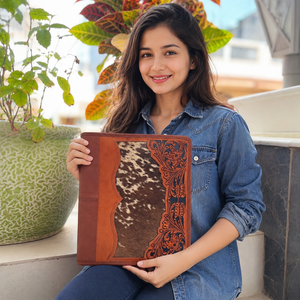 Western Cowhide leather Hand Tooled Zipper Lock Business Portfolio Binder Manufacture Document <b>Folder</b> With <b>Card</b> Holder - Product Image 3
