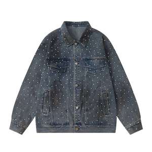 Fully <b>Rhinestone</b> Winter Outerwear Washed Denim <b>Jackets</b> for Men's Streetwear Vintage Turn Down Collar Full Sleeves Denim <b>Jacket</b> - Product Image 1