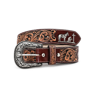 Premium Western Style Floral Hand Tooled Grain Leather <b>Belt</b> for Men & Women with <b>Cowboy</b> Horse & Cross Design Vintage Burgundy Br - Product Image 1