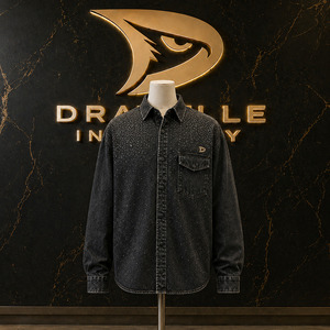 Camisa de Mezclilla Negra Lavada con Cristales Brillantes, Corte Holgado, Estilo Retro de los 90, Unisex, con Botones - Product Image 1