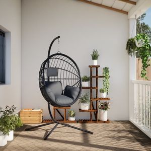 Fauteuil suspendu en forme d'œuf anthracite avec corde en acier noir et rotin, chaise confortable pour la décoration de la maison - Product Image 3