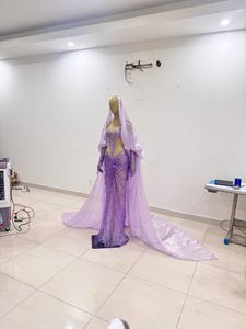 Purple Mermaid Wedding Dress With <b>Jacket</b> Beaded <b>Chiffon</b> Floor-Length Cathedral Train Sweetheart Neckline Backless Design - Product Image 3