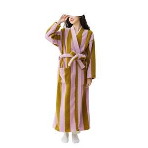Bata de Baño de Felpa a Rayas para Mujer, Larga, de Manga Larga, Cuello en V, Suave y Acogedora, de Invierno, Transpirable, de Algodón Tejido - Product Image 1