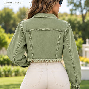 Chaqueta vaquera corta verde para mujer con dobladillo con flecos, manga larga, estilo camionero, cuello vuelto, para primavera - Product Image 3