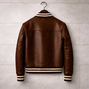 Blouson aviateur en cuir marron pour homme, style vintage, col rabattu, fermeture boutonnée, coupe classique, pour l'automne - Product Image 6