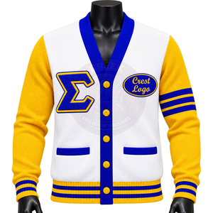 Cardigan en tricot personnalisé pour femme Sigma Gamma Rho, bleu et or, col en V, manches longues, lettres grecques brodées, style preppy - Product Image 5