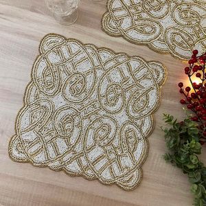 Set of 6, Handmade <b>beaded</b> <b>placemat</b>, white with gold, bead charger, 14 inch - Product Image 1