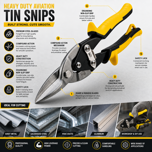 Cisailles à tôle robustes pour l'aviation avec poignée ergonomique jaune et noire, cisailles à action composée pour la découpe de métaux, tôle, aluminium - Product Image 4