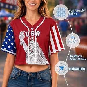 <b>Red</b> Women's USA <b>Cropped</b> Baseball Jersey Button Down Short Sleeve Shirt Breathable Lightweight Comfort V-Neck Crop <b>Top</b> Casual - Product Image 4