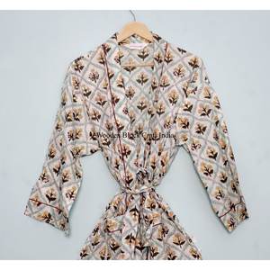 Elegant beige Floral Cotton Quilted Kimono Bathrobe Hand Block Printed Indian flower Style Casual kimono <b>robe</b> for <b>Women</b> - Product Image 3