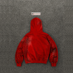Sweat à capuche zippé rouge vieilli, surdimensionné, déchiré, clouté, effet éclaboussures de peinture, style grunge, streetwear, vintage, punk, à manches régulières - Product Image 6