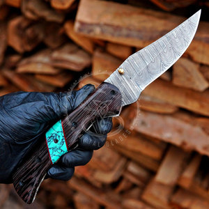 High Quality Damascus Steel Pocket Folding Knife Handmade Outdoor Foldable Knife with Wooden Handle for Hiking and <b>Camping</b> - Product Image 2