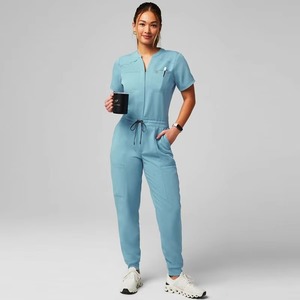 Women Light Blue 100% Cotton Scrub Set with Pockets Needle Detection Drawstring Waist for Hospital Use - Product Image 1