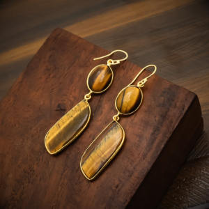 Pendientes de gota de ojo de tigre natural – Chapados en oro de 18 quilates – Joyería elegante de piedras preciosas de estilo bohemio - Product Image 6