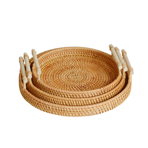 ถาดเสิร์ฟอาหารร้านอาหารราคาส่ง ถาดเสิร์ฟหวาย ถาดหวายกลมพร้อมหูจับ - Product Image 1