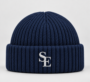 Custom Embossed SE Fisherman Beanie <b>Hat</b> Deep <b>Navy</b> Rib Knit Folded Cuff Winter Warm Unisex Vintage 100% Cotton LED Display Screen - Product Image 6