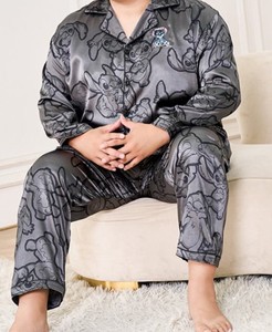 Nightwear Knitted Soft Summer Lapel Collar Long Sleeve Pants <b>Cardigan</b> Pajamas Room Lounge Wear for Fat Men - Product Image 6