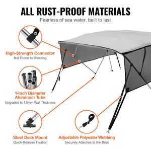 Tendalino Bimini a 4 Archi Staccabile per Barca con Telo in Poliestere 600D, Telaio in Lega di Alluminio da 1 Pollice, Borsa Portaoggetti Inclusa - Nuovo - Product Image 5