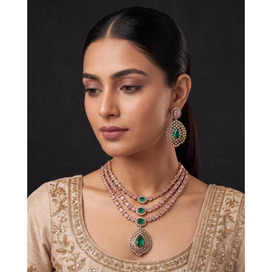 Indian Ethnic Roshni Victorian Gold Plated Brass Three Layer Bridal Wedding Necklace & Earring Set Regular Length - Product Image 1