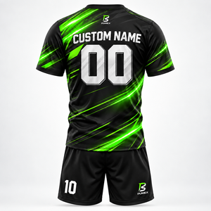 Conjunto de Camiseta y Pantalones Cortos de Fútbol para Equipos Masculinos, Color Negro y Verde, con Tela Transpirable, de Secado Rápido y que Absorbe la Humedad - Product Image 1