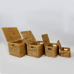 Ensemble de 4 bacs de rangement en fibre de jacinthe d'eau avec couvercles, fabriqués à la main avec précision, organisateurs rectangulaires polyvalents pour salon - Product Image 5