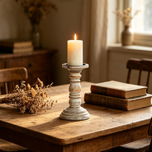 Support de bougie pilier en bois blanc vieilli de 8 pouces, style rustique, pour décoration vintage - Product Image 3