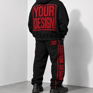Unisex Custom Logo 3D Embroidered Breathable Heavyweight Winter Hoodie <b>Jogger</b> Set Drawstring Closure <b>Black</b> Red Streetwear - Product Image 3