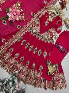 Women Traditional <b>Red</b> <b>Silk</b> Anarkali Suit With Gold Embroidery Floor-Length Dress For Wedding Indian Pakistani Style Suit - Product Image 3