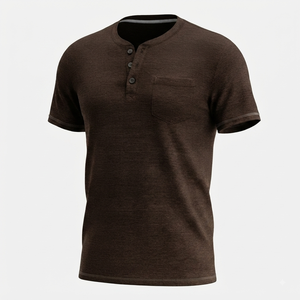 T-shirt décontracté à manches courtes pour homme, col Henley boutonné, couleur unie, en coton, style deux pièces - Product Image 5