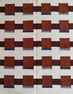 Handwoven <b>wool</b> kilim rug with <b>red</b> geometric block pattern on ivory base, modern design, durable, lightweight, - Product Image 3