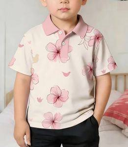 Floral Printed Short Sleeve Polo Shirt for Boys Casual Pink Collar Design - Product Image 6