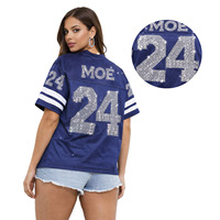 Maillot de football américain bleu tendance pour femme, en maille ornée de strass, col en V, argenté, scintillant, style streetwear décontracté pour femme