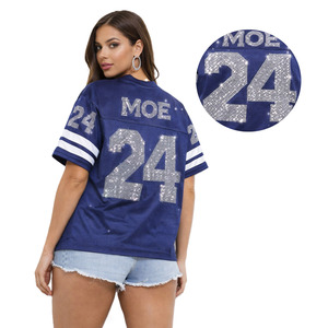 Trendy <b>Blue</b> American Football Jersey Women Rhinestone Mesh V-Neck Silver Sparkly Bling <b>Glitter</b> Lady Team Streetwear Casual Shirt - Product Image 2