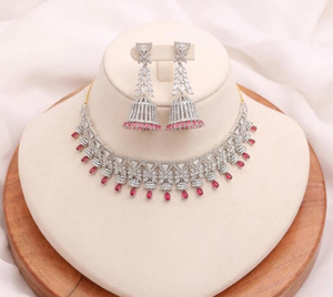 RAY FINE ORNATES 22K Gold Plated <b>Ruby</b> Pink CZ Bezel Setting <b>Necklace</b> Set IGI Certified Vintage Indian Bridal Wedding Jewelry - Product Image 1