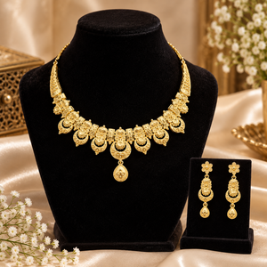 Royal Floral <b>Necklace</b> with Earrings <b>Set</b> | Traditional Indian Bridal Jewelry | 24K Gold Finish Copper Brass <b>Wedding</b> <b>Necklace</b> <b>Set</b> - Product Image 1