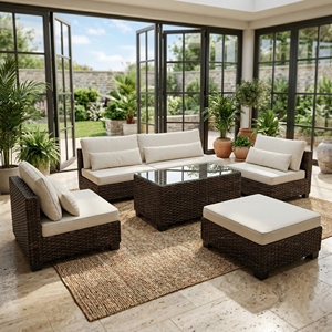 Juego de Sofás Blora de 5 Piezas con Estructura de Madera de Caoba, Mimbre de Jacinto de Agua, Tela Ksvw, Mesa de Vidrio Estándar, Muebles de Patio Premium - Product Image 2