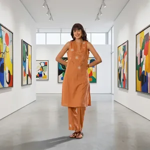 Vestido midi tipo kurta de lino y algodón con bordado naranja, sin mangas, cuello redondo, corte holgado, para uso diario, estilo veraniego. - Product Image 4