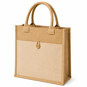 Jute Shopping <b>Bag</b> <b>Medium</b> <b>Size</b> Button Closure Hand Length Handle Tote for Exhibition & Wedding Daily Use - Product Image 1