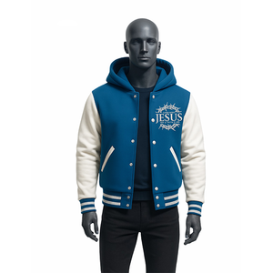 Blouson universitaire à capuche pour homme, écologique, motif Couronne d'épines de Jésus, bleu et blanc, style baseball, avec lettrage chrétien sur le devant, streetwear - Product Image 3