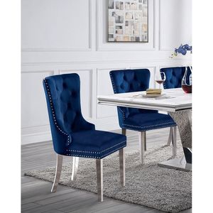 Set di 2 Sedie da Pranzo Contemporanee con Schienale Alto, Rivestite in Flanella Blu, con Bottoni Trapuntati - Product Image 6