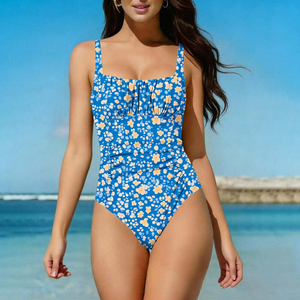 Traje de Baño de Una Pieza para Mujer, Estampado Floral, Cuello Cuadrado, Corte Alto, Fruncido, Elástico, Spandex, Poliéster - Product Image 5