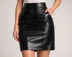 Jupe crayon courte noire en similicuir pour femme, taille haute, avec poches latérales et fermeture éclair - Product Image 1