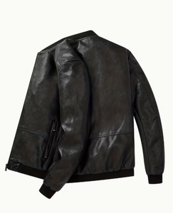 TRIBON SPORTS Men's Black Cowhide <b>Leather</b> Bomber <b>Jacket</b> Stand Collar Zipper Closure Slim Fit Regular Sleeve Casual <b>Winter</b> - Product Image 4